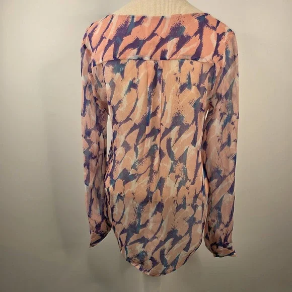 Maeve Anthropologie Silk Blouse SZ 4 Sheer Pink Blue Purple Abstract Long Sleeve - Picture 6 of 13